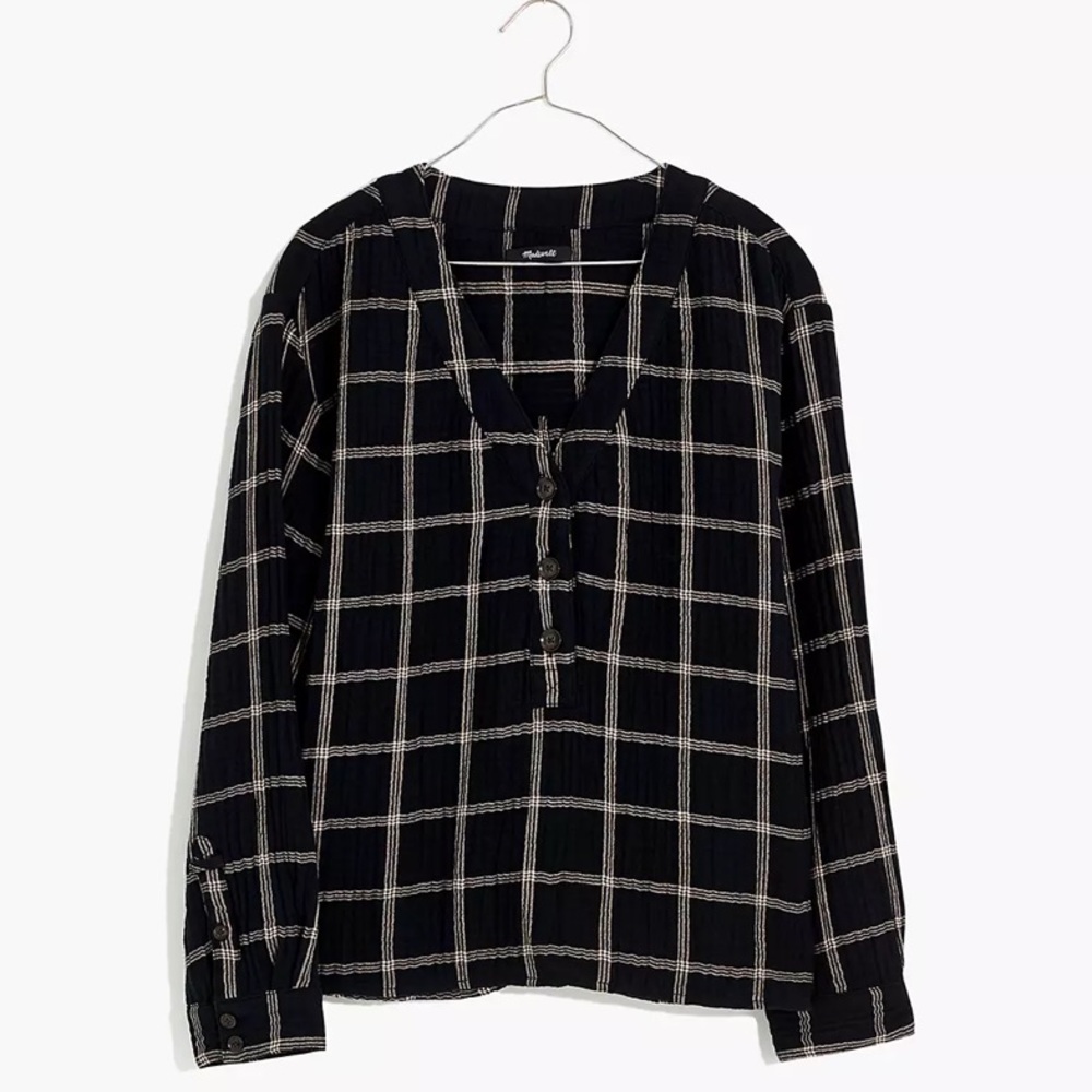 NWT Madewell Black Woven Windowpane Blouse, Long-Sleeve